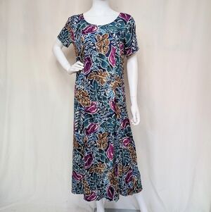 Vintage 90s Blue, Magenta, Orange Floral Short Sleeve Hawaiian Muumuu Maxi Dress